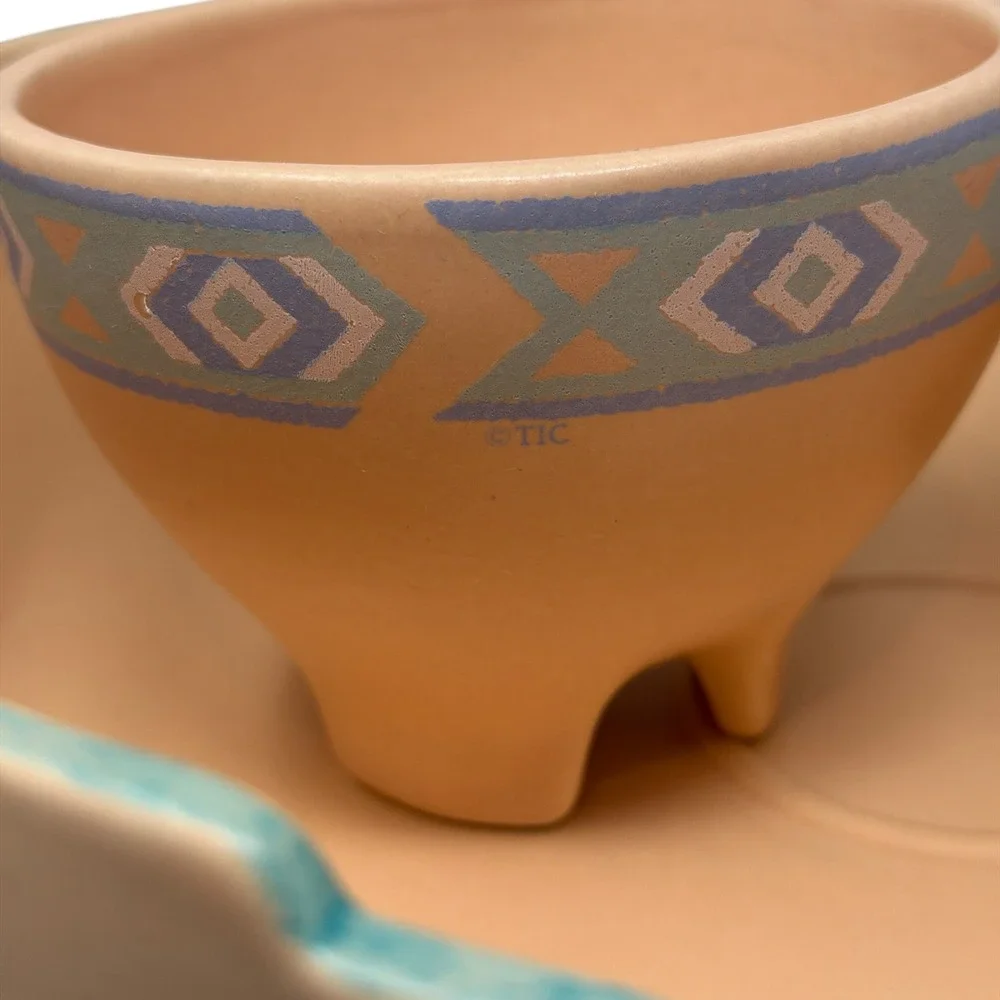 Treasure Craft Southwestern Chip and Dip Set Peach Teal Geometric 3pc Made USA
